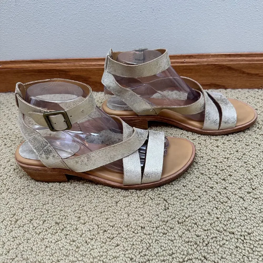 Kork Ease Marianna Metallic Gold Leather Ankle Strap Sandals Women's 9 Low Heel